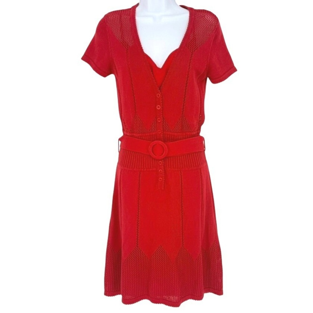 Catherine Malandrino Red Vintage Cotton Crochet Belt Dress With Silk Slip 6 Rare